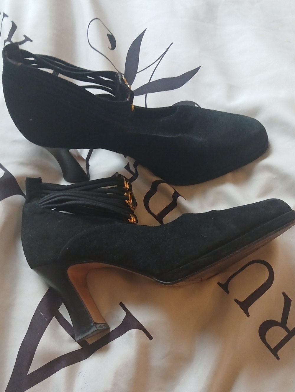 Black Suede Heeled Ankle Wrap Pumps